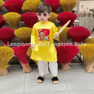 bộ áo dài truyền thống Dưa hầu VÀNG [KÈM QUẦN] cho bé trai mặc đi chơi Lễ Hội, Lễ Tết