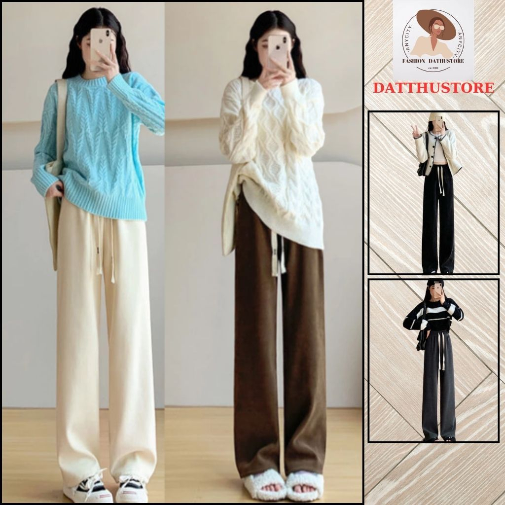Quần ống rộng nỉ nhung tăm dài ống suông cạp chun lưng cao dây rút chỉnh eo (Datthustore - MS57)