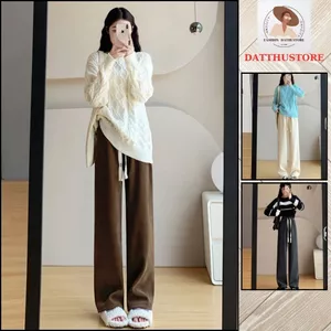 Quần ống rộng nỉ nhung tăm dài ống suông cạp chun lưng cao dây rút chỉnh eo (Datthustore - MS57)