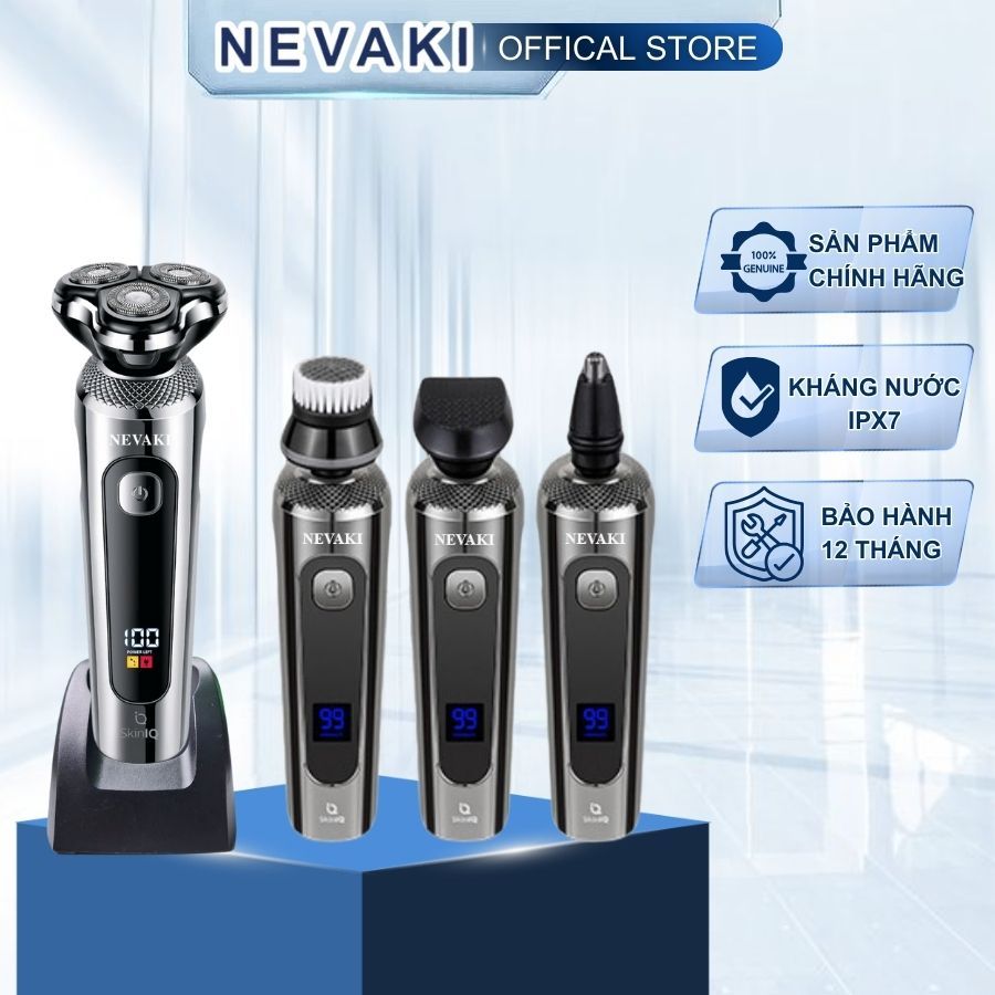 Máy cạo râu nam cao cấp 4 trong 1 NEVAKI 3 lưỡi kép tự mài sắc, cạo sát sạch êm, chống nước IPX7, màn hình LCD
