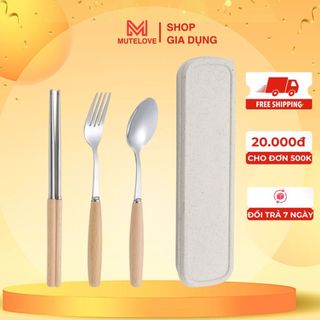 Set 3 Món Thìa Đũa Dĩa Mutelove Cán Gỗ Kèm Hộp Đựng Lúa Mạch Đa Năng