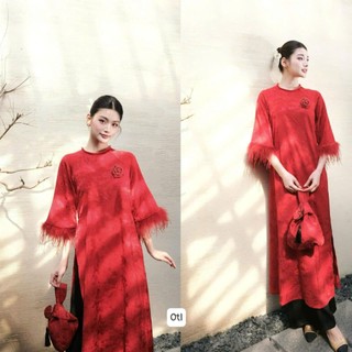 Áo dài cách tân phối tay lông vũ -áo dài gấm cực xinh Eva_hamichi