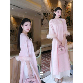 Áo dài cách tân phối tay lông vũ -áo dài gấm cực xinh Eva_hamichi