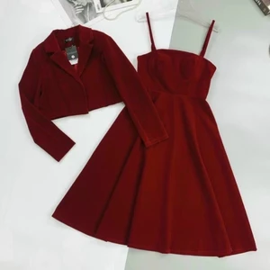 Set đồ nữ set đầm 2 dây đỏ kèm áo khoác dài tay FB13