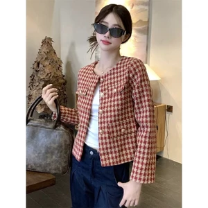 Áo khoác dạ Tweed kẻ caro màu đỏ phong cách Hàn Quốc tay dài 2 lớp - FB14