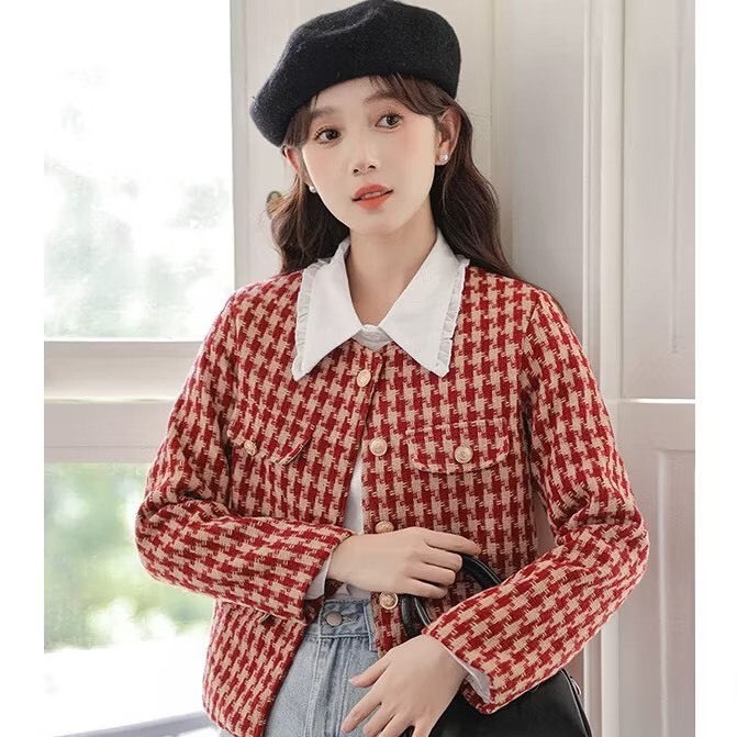 Áo khoác dạ Tweed kẻ caro màu đỏ phong cách Hàn Quốc tay dài 2 lớp - FB14