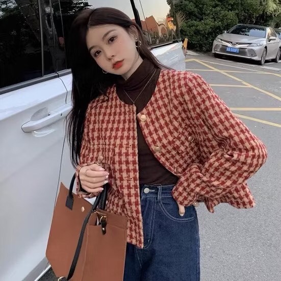 Áo khoác dạ Tweed kẻ caro màu đỏ phong cách Hàn Quốc tay dài 2 lớp - FB14