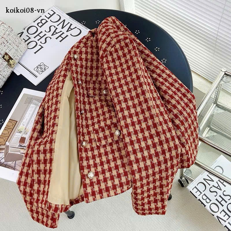Áo khoác dạ Tweed kẻ caro màu đỏ phong cách Hàn Quốc tay dài 2 lớp - FB14