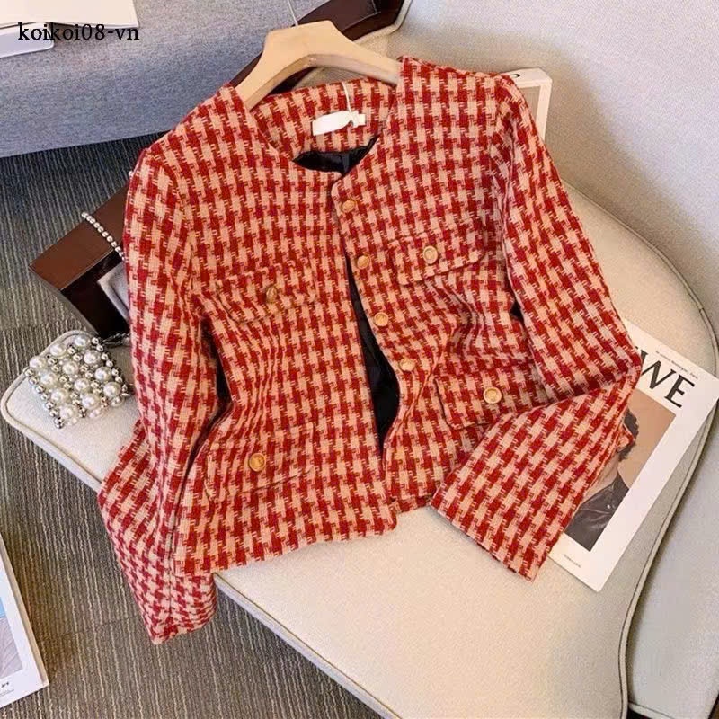 Áo khoác dạ Tweed kẻ caro màu đỏ phong cách Hàn Quốc tay dài 2 lớp - FB14