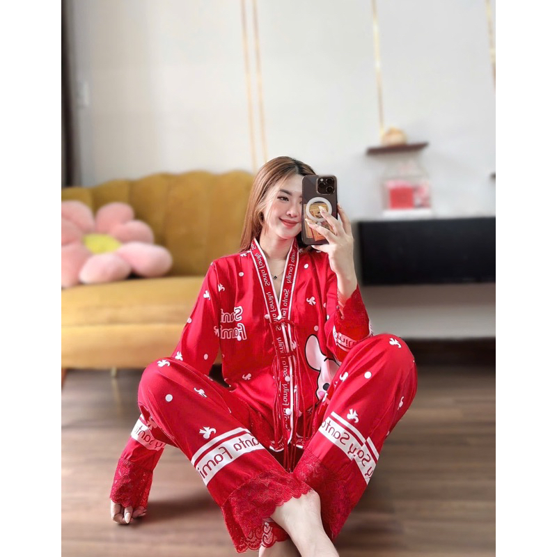 Bộ ngủ mặc nhà cho nữ cổ V nút thắt lụa mịn latin mát