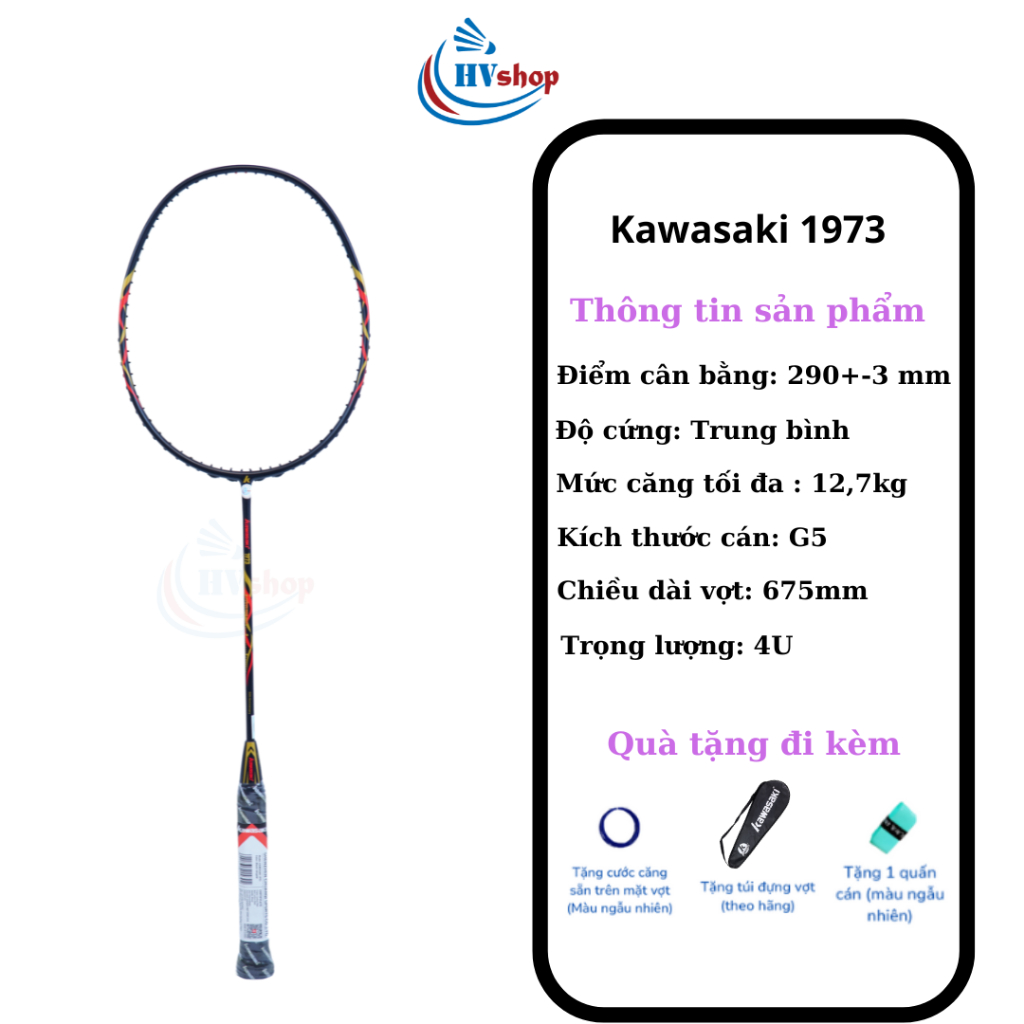 Vợt cầu lông - Vợt Kawasaki 1973 chính hãng, tặng cước căng sẵn, bao đơn và quấn cán - HVShop