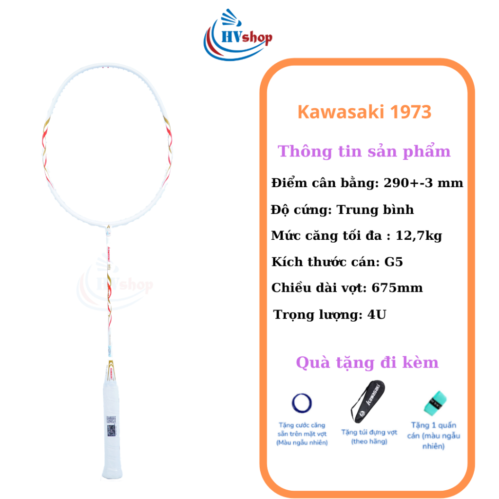 Vợt cầu lông - Vợt Kawasaki 1973 chính hãng, tặng cước căng sẵn, bao đơn và quấn cán - HVShop