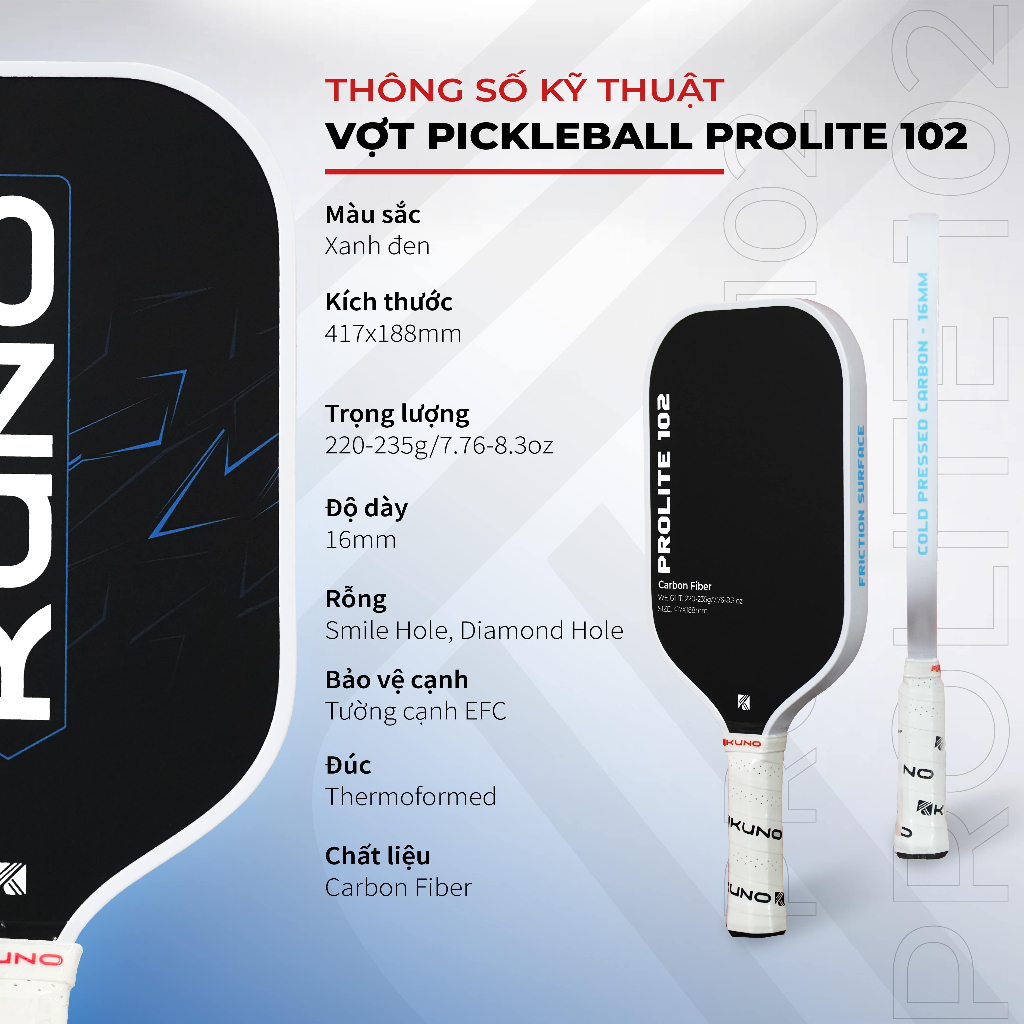 Ảnh Vợt Pickleball KUNO Prolite 102 Chính Hãng – Lõi Tổ Ong, Carbon Fiber, Dành Cho Lối Đánh Tấn Công 1