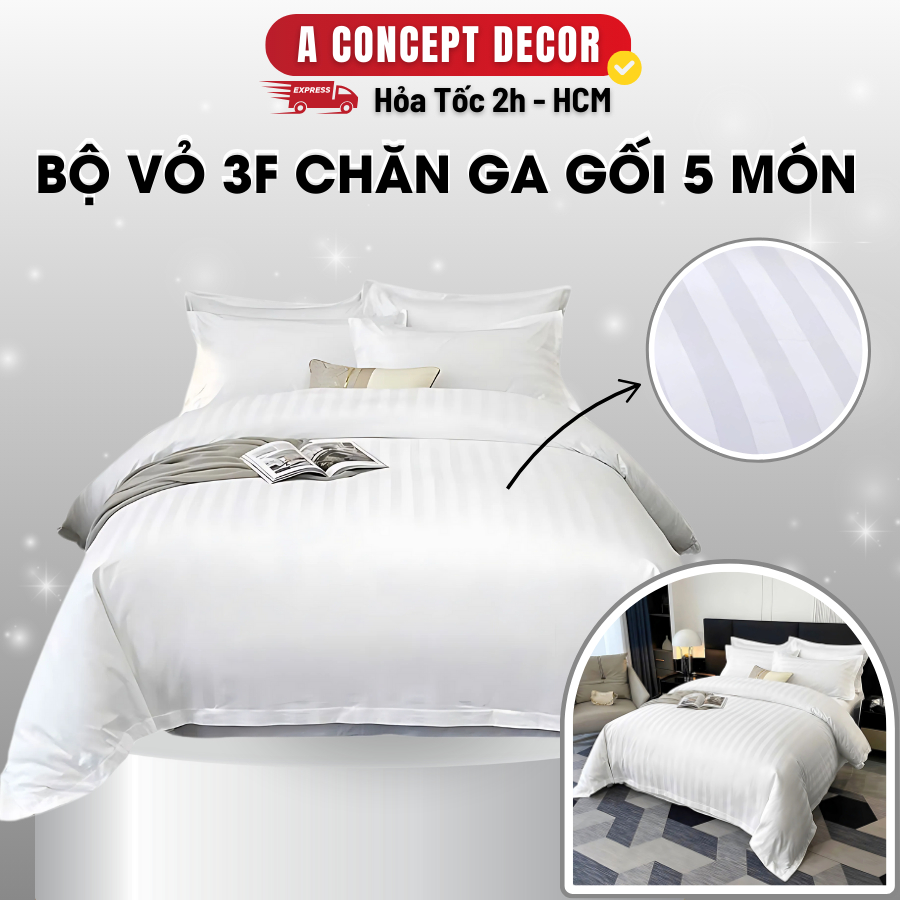 Ảnh Bộ Vỏ Chăn Ga Gối 5 Món Cotton Lụa 3F A Concept Decor Sọc 3 Phân Cao Cấp Vỏ Thoáng Mát Sang Trọng Chuẩn Khách Sạn 5 Sao 1