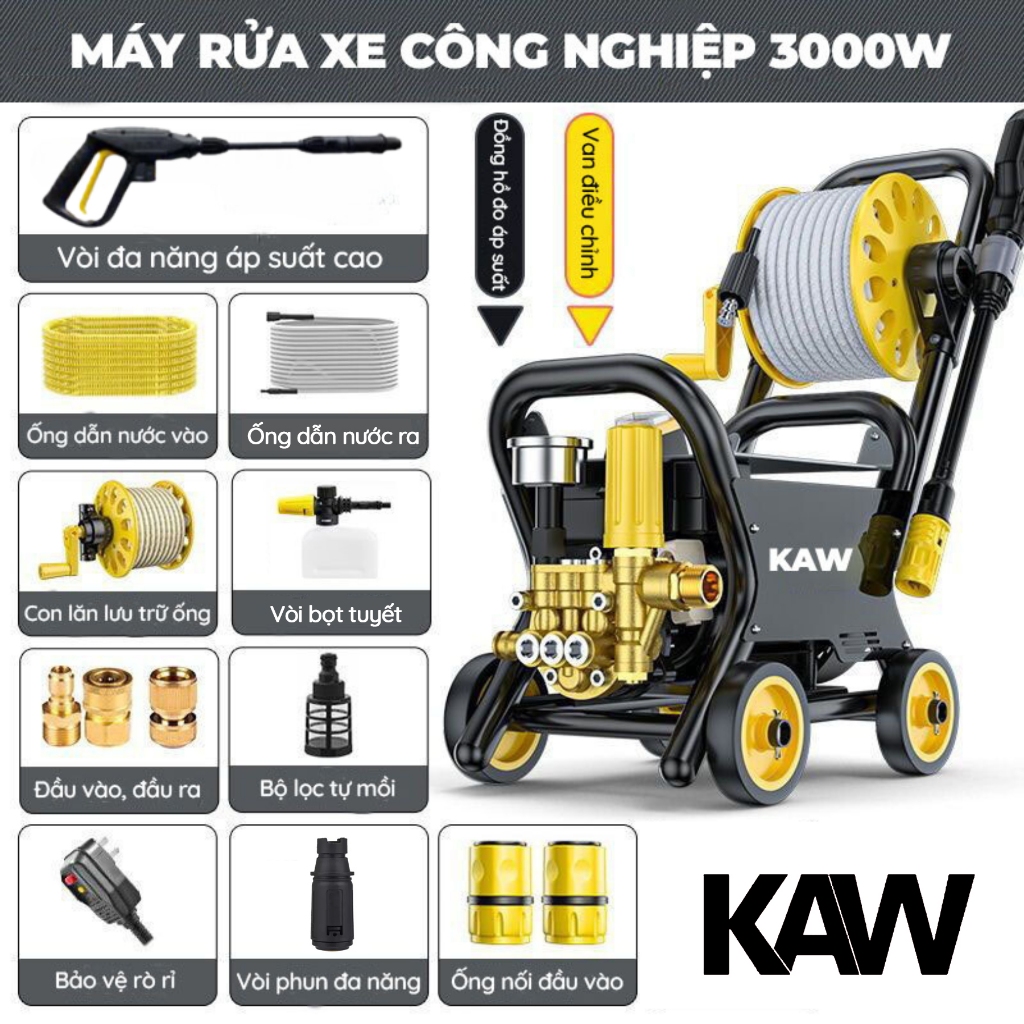 Máy Rửa Xe Công Nghiệp KAW Tầm Phun Xa 20M, Công Suất Lớn 3000W, Dây Ra Vào 20 Mét Dễ Dàng Sử Dụng
