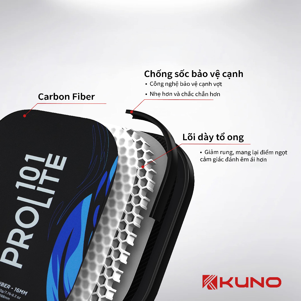 Ảnh Vợt Pickleball Kuno Prolite 101 Chính Hãng, bề mặt nhám, full carbon Fiber cao cấp, lối đánh tấn công 4