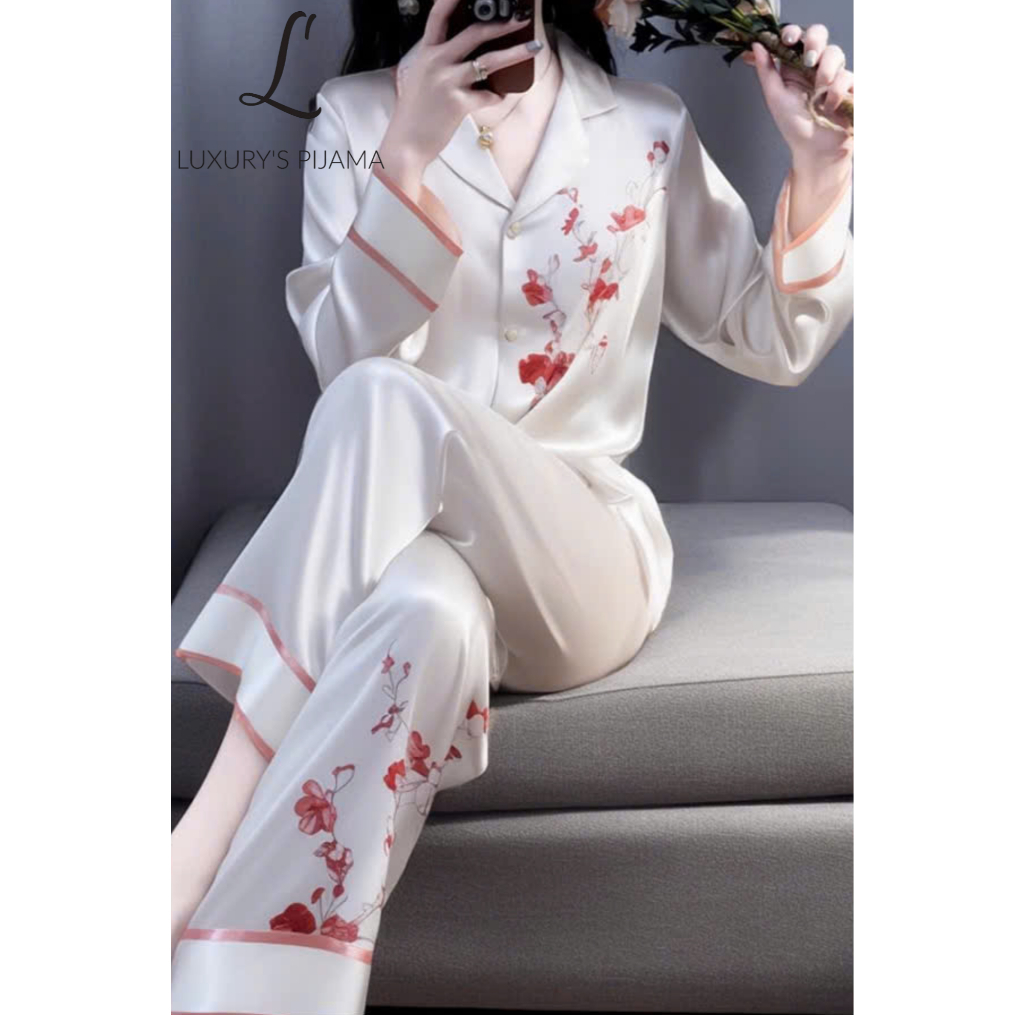 Đồ bộ LUXURY PIJAMA lụa latin cao cấp, mềm mịn sang trọng tay dài hoa đỏ TD022