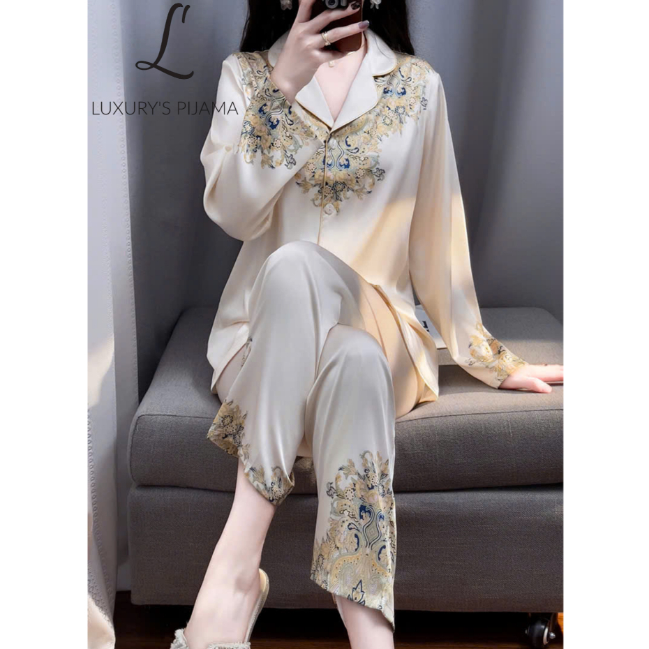Đồ bộ LUXURY PIJAMA lụa latin cao cấp, mềm mịn sang trọng tay dài với họa tiết sang trọng TD019