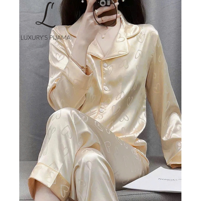 Đồ bộ LUXURY PIJAMA lụa latin cao cấp, mềm mịn sang trọng tay dài họa tiết trái tim cam TD027