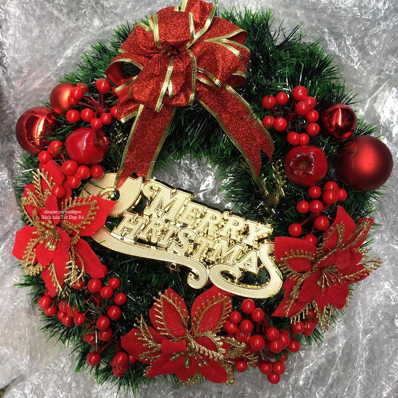 D40 Vòng Giáng Sinh - Vòng Noel - Vòng lá mùa vọng - Vòng nguyệt quế trang trí Giáng Sinh D40 khung nhựa đính nơ