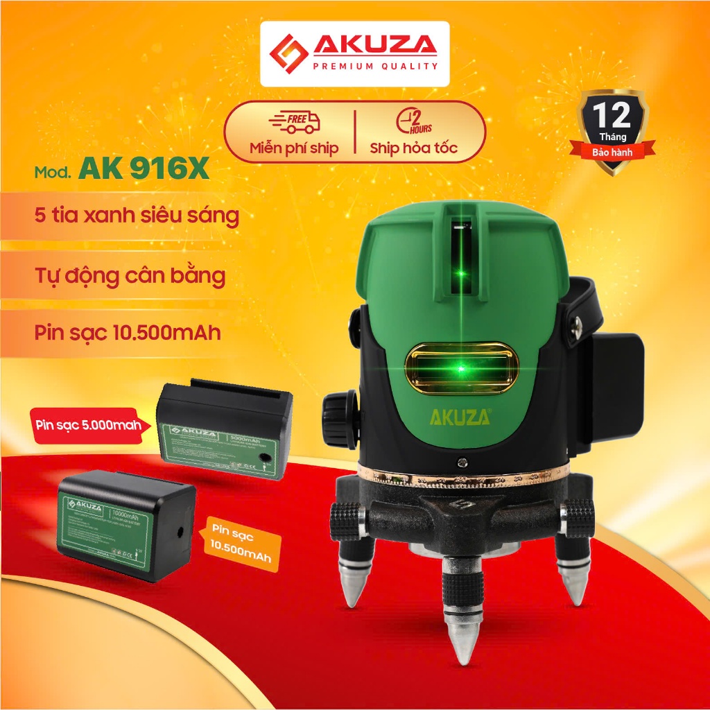 Máy cân bằng laser AKUZA AK-916X 5 tia xanh phiên bản 2024. điều khiển ...