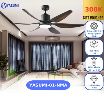 Quạt Trần Đèn 6 Cánh YASUMI-01, Động cơ DC Lõi Đồng, Đèn Quạt Đảo Trần có Đèn Trang Trí Phòng Khách
