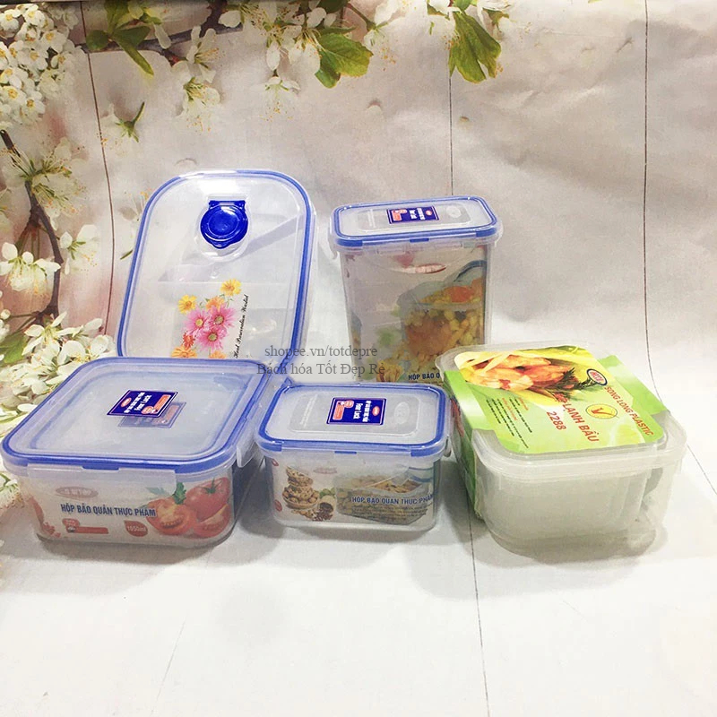 Set Hộp bảo quản thực phẩm nhựa Song Long dày đẹp loại 4 khóa có roong hoặc lắp cài