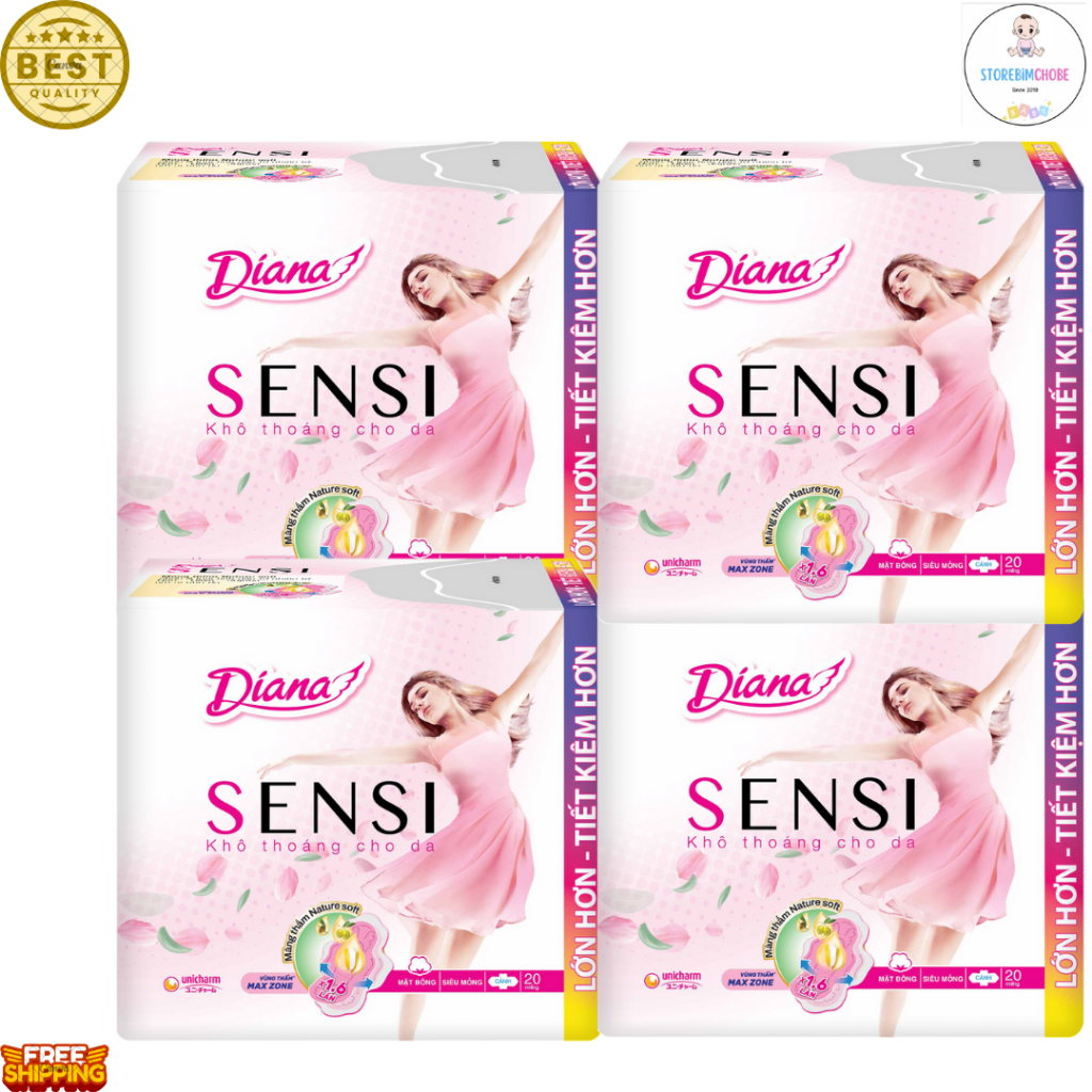 Bộ 4 gói băng vệ sinh Diana Sensi siêu mỏng cánh 20 miếng/gói