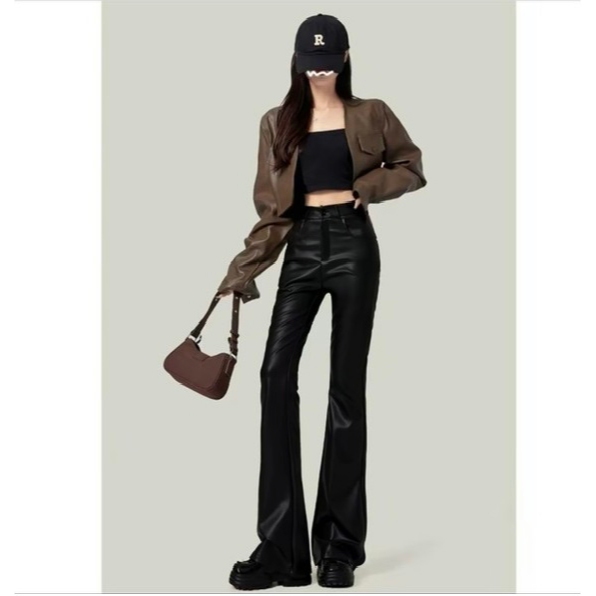Thuy Lam Boutique - Quần da dáng dài cạp cao mã QC8879 Ống loe Nữ da lỳ  Women Voi Pants