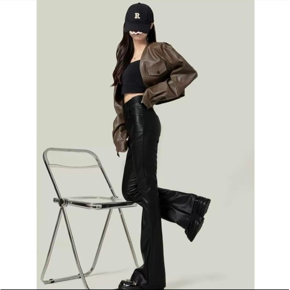 Thuy Lam Boutique - Quần da dáng dài cạp cao mã QC8879 Ống loe Nữ da lỳ  Women Voi Pants