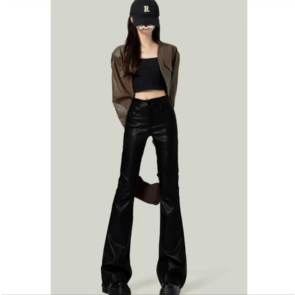Thuy Lam Boutique - Quần da dáng dài cạp cao mã QC8879 Ống loe Nữ da lỳ  Women Voi Pants