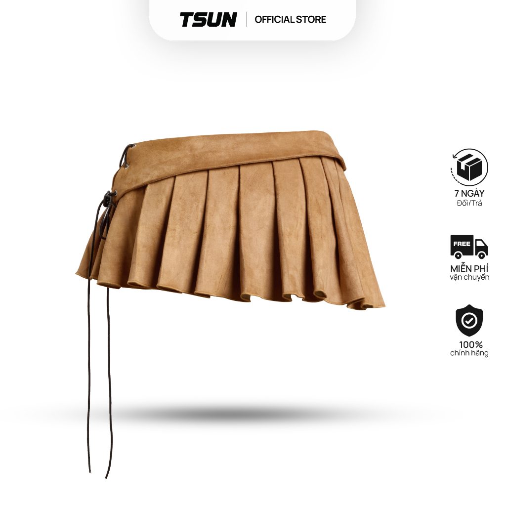 Ảnh Váy Ngắn Nữ Xếp Ly Vải Da Lộn Màu Nâu - Brand TSUN Chính Hãng - Pleated Leather Mini Skirt 3