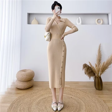 Váy len body, Váy body cổ cao xẻ ngực, Kiểu dáng sexy, Chất liệu len dệt kim cao cấp, Không bai xù
