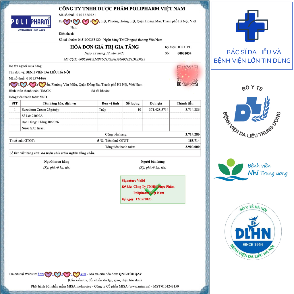 Kem Eczoderm Hỗ Trợ Eczema,Viêm Nang Lông, Viêm Da Cơ Địa, Mụn Lưng, Mụn Cơ thể, Chàm Sữa Chính Hãng