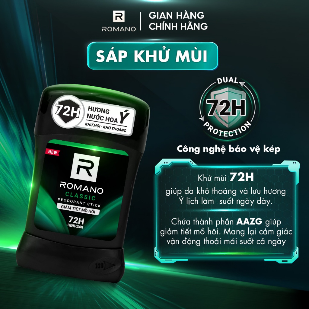 Sáp ngăn mùi cho nam Romano 50g - Khử mùi 72H, lưu hương Ý dài lâu