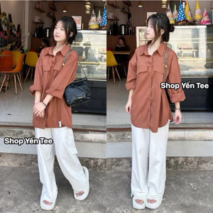 Áo sơ mi dài tay nữ 2 túi Yến Tee , chất thô chéo QC mềm mát #021