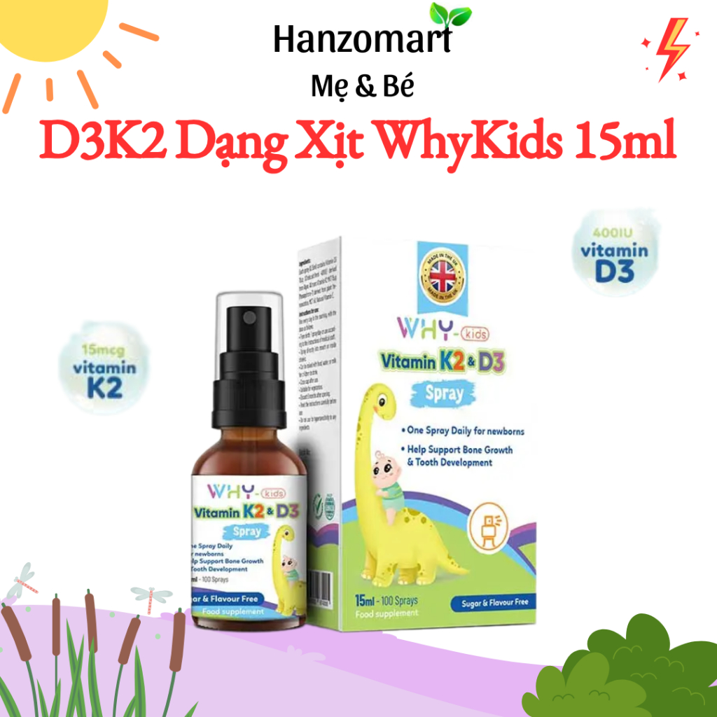Chai xịt WhyKids bổ sung Vitamin D3 và K2 cho bé, hấp thu Canxi hỗ trợ phát triển chiều cao 15ml