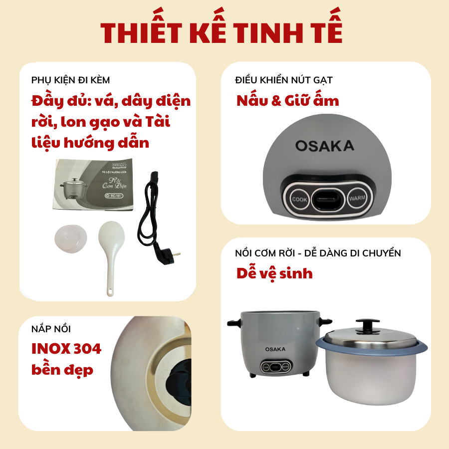 Nồi Cơm Điện Nắp Rời 1.8L OSAKA RC-181 Công Suất 700W - Lòng Nồi Chống Dính Bền Đẹp Nắp Inox 304