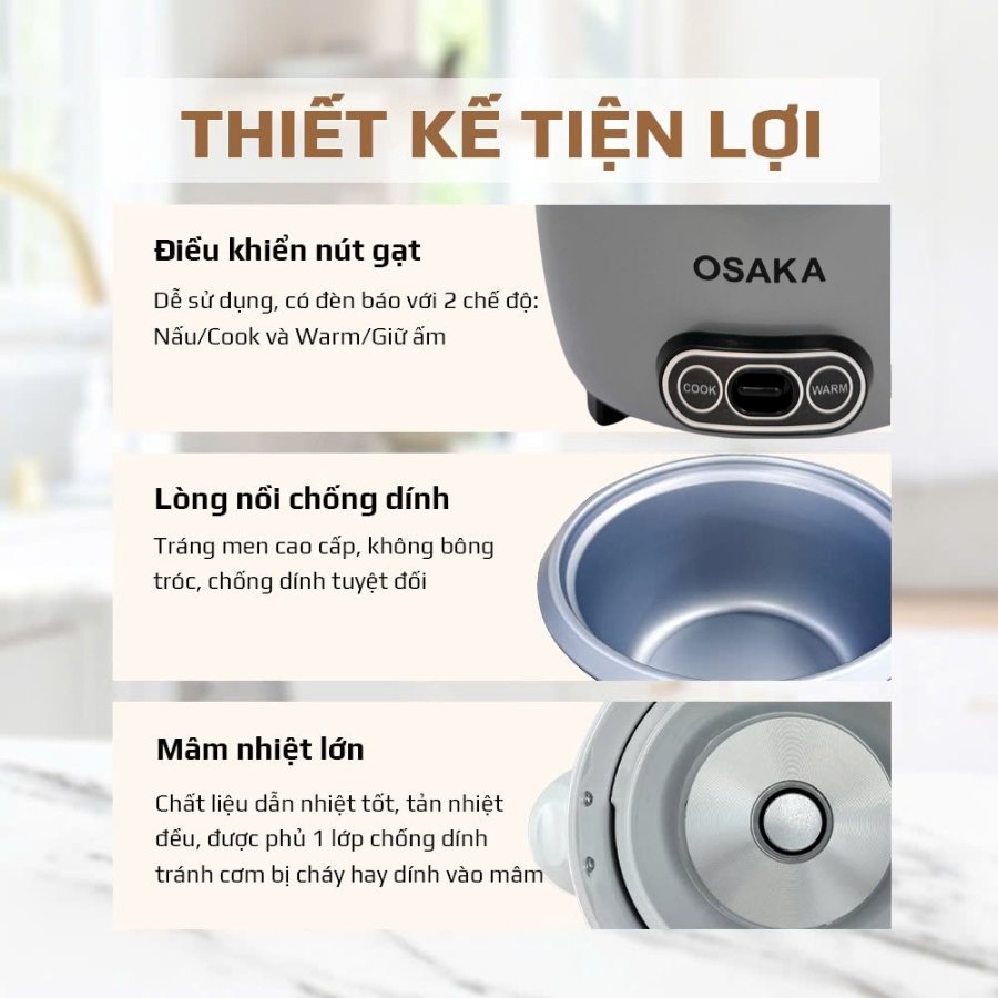 Nồi Cơm Điện Nắp Rời 1.8L OSAKA RC-181 Công Suất 700W - Lòng Nồi Chống Dính Bền Đẹp Nắp Inox 304