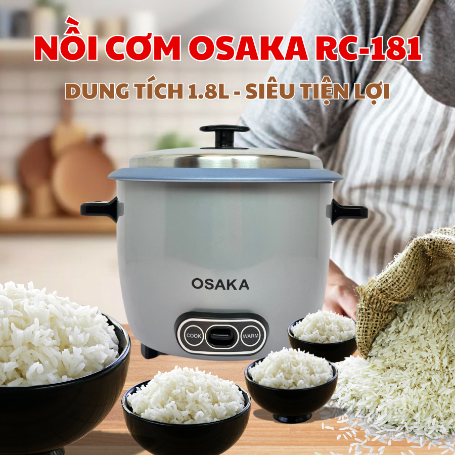 Nồi Cơm Điện Nắp Rời 1.8L OSAKA RC-181 Công Suất 700W - Lòng Nồi Chống Dính Bền Đẹp Nắp Inox 304