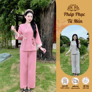 Bộ đồ đi chùa vạt chéo thêu chữ Tâm An lụa trượt mềm Pháp phục đi lễ thắt nơ truyền thống Đồ lam tay lỡ lụa mềm mát