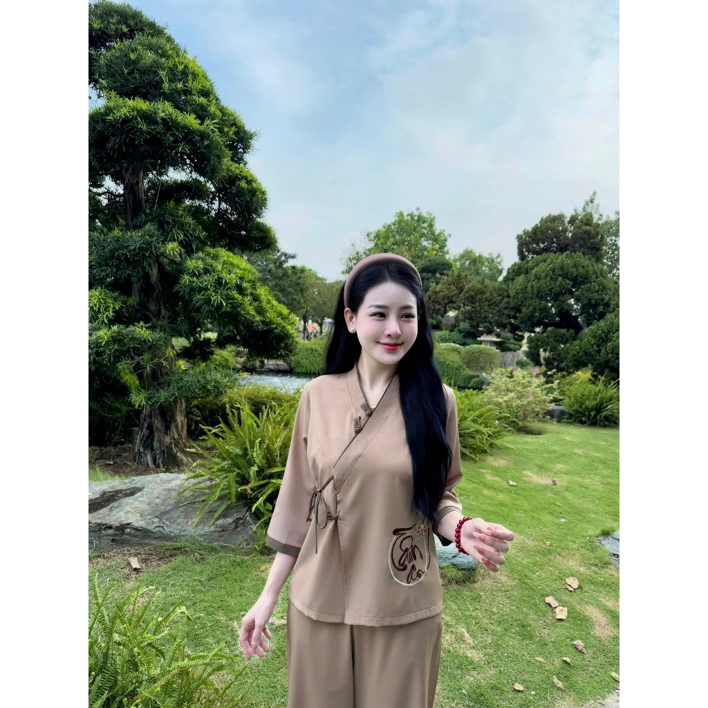 Bộ đồ đi chùa vạt chéo thêu chữ Tâm An lụa trượt mềm Pháp phục đi lễ thắt nơ truyền thống Đồ lam tay lỡ lụa mềm mát