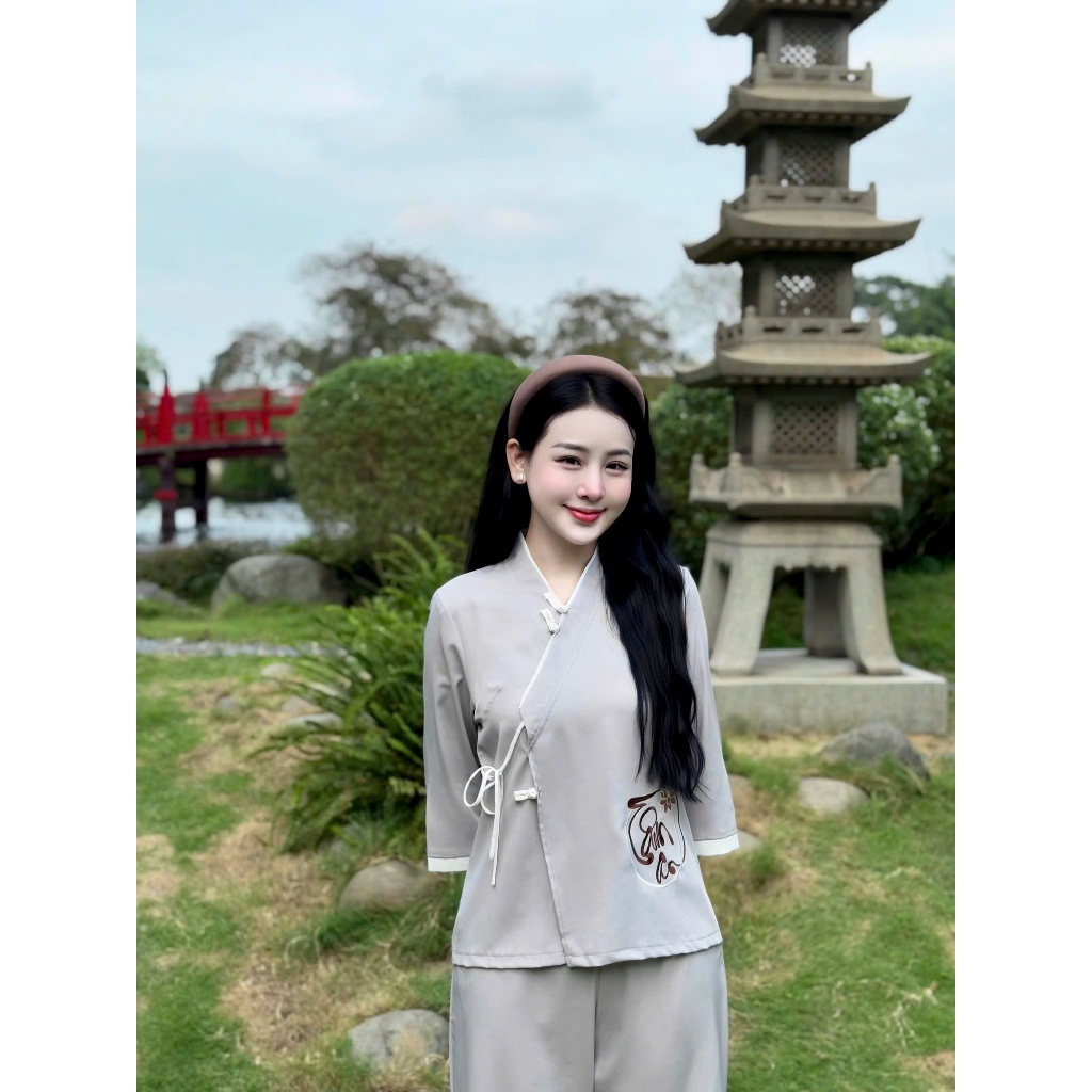 Bộ đồ đi chùa vạt chéo thêu chữ Tâm An lụa trượt mềm Pháp phục đi lễ thắt nơ truyền thống Đồ lam tay lỡ lụa mềm mát