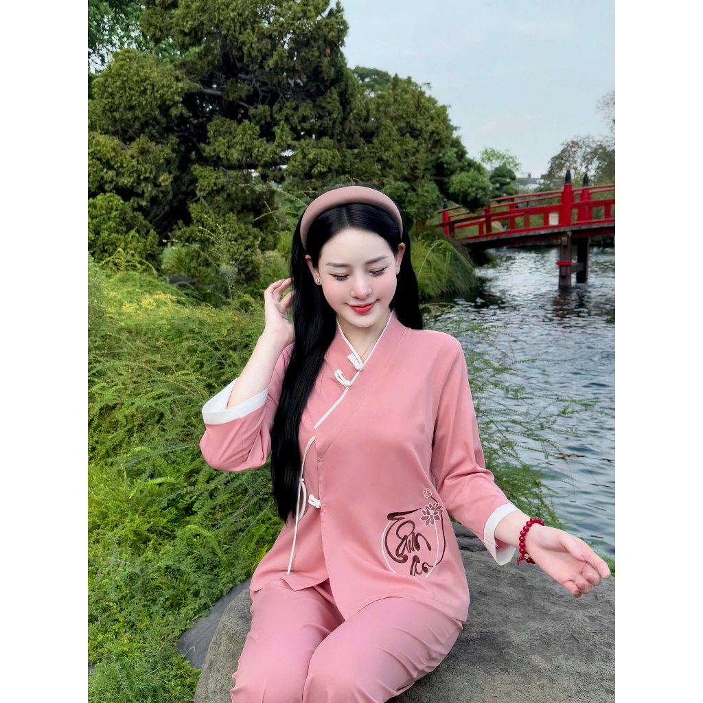 Bộ đồ đi chùa vạt chéo thêu chữ Tâm An lụa trượt mềm Pháp phục đi lễ thắt nơ truyền thống Đồ lam tay lỡ lụa mềm mát