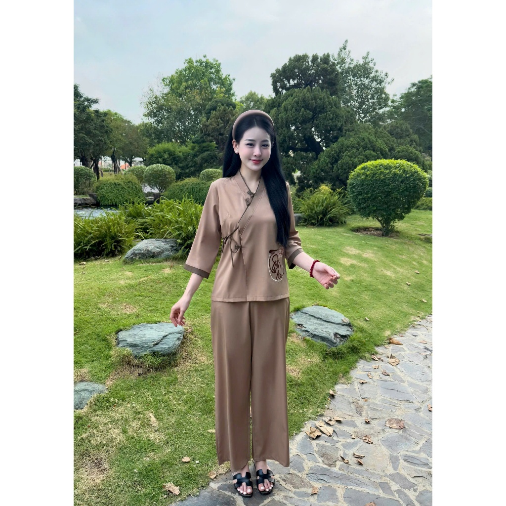 Bộ đồ đi chùa vạt chéo thêu chữ Tâm An lụa trượt mềm Pháp phục đi lễ thắt nơ truyền thống Đồ lam tay lỡ lụa mềm mát
