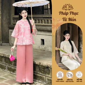 Đồ bộ đi chùa cổ tàu thêu hoa ren đính nơ ngọc Pháp phục lễ chùa tơ 2 lớp mềm Bộ lam đi chùa tiểu thư voan mềm mát