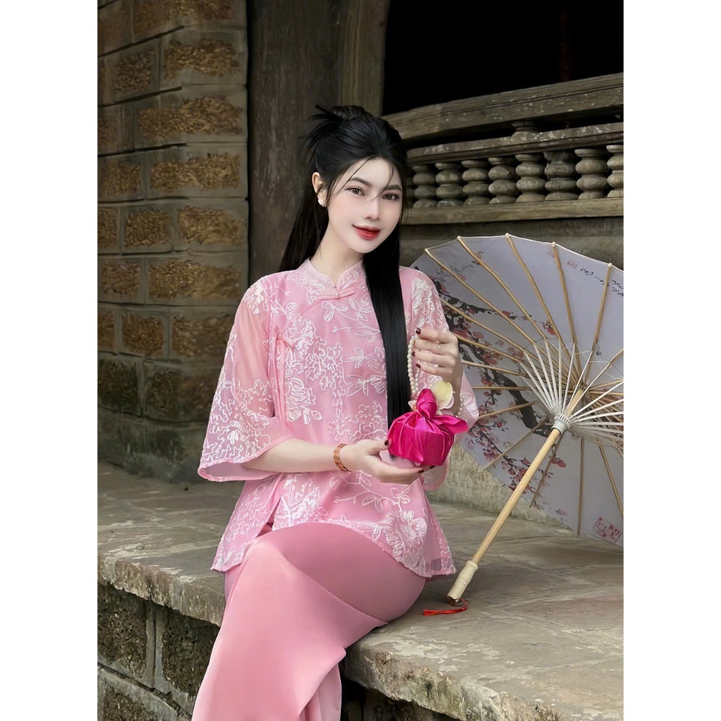 Đồ bộ đi chùa cổ tàu thêu hoa ren đính nơ ngọc Pháp phục lễ chùa tơ 2 lớp mềm Bộ lam đi chùa tiểu thư voan mềm mát