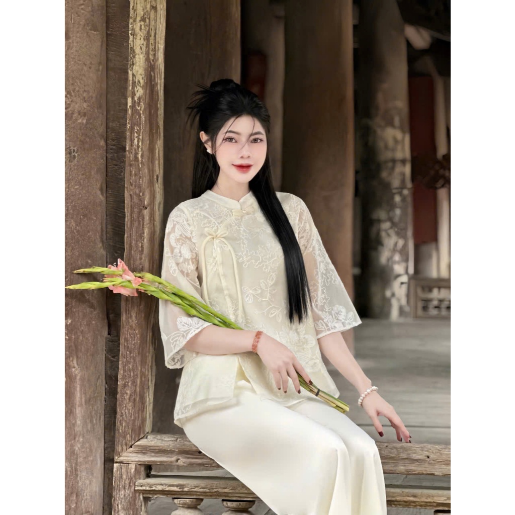 Đồ bộ đi chùa cổ tàu thêu hoa ren đính nơ ngọc Pháp phục lễ chùa tơ 2 lớp mềm Bộ lam đi chùa tiểu thư voan mềm mát