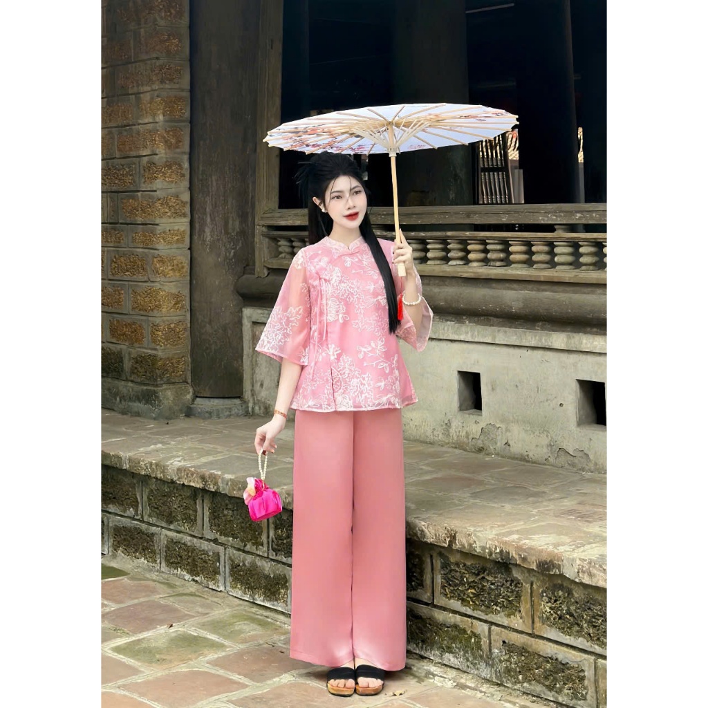 Đồ bộ đi chùa cổ tàu thêu hoa ren đính nơ ngọc Pháp phục lễ chùa tơ 2 lớp mềm Bộ lam đi chùa tiểu thư voan mềm mát
