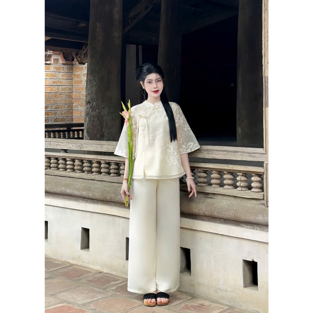 Đồ bộ đi chùa cổ tàu thêu hoa ren đính nơ ngọc Pháp phục lễ chùa tơ 2 lớp mềm Bộ lam đi chùa tiểu thư voan mềm mát